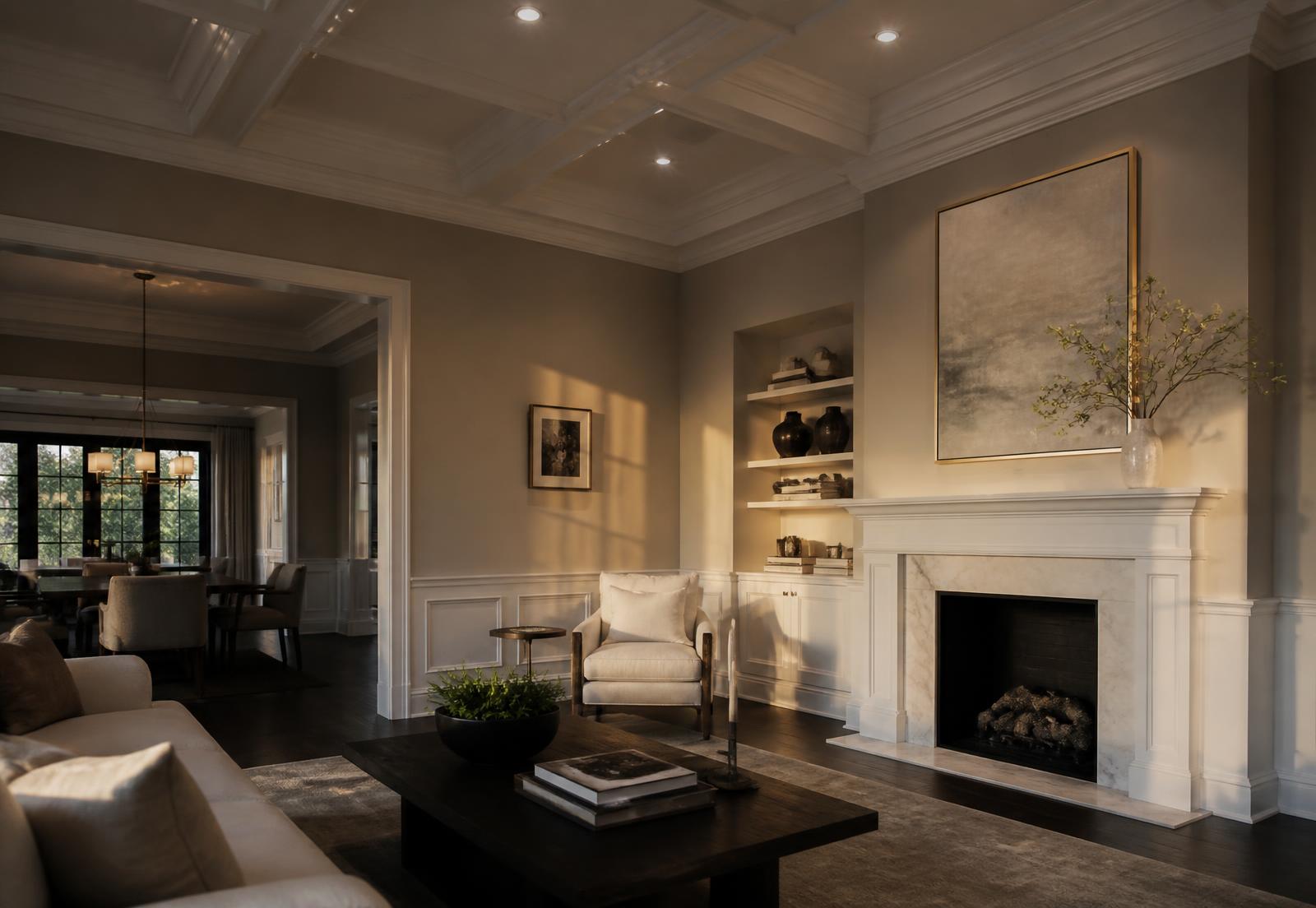 Finished living room with coffered ceiling and freshly painted walls